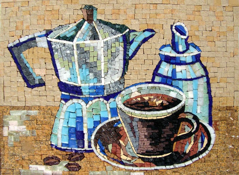 Blue Tea Kettle and Cups Mosaic